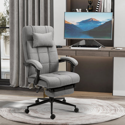 Office Chair Ergonomic Desk Chair with Reclining Function, Headrest, Armrest, Height Adjustable Swivel Chair with Footrest Linen Look Light Grey