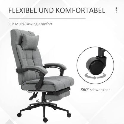 Office Chair Ergonomic Desk Chair with Reclining Function, Headrest, Armrest, Height Adjustable Swivel Chair with Footrest Linen Look Light Grey