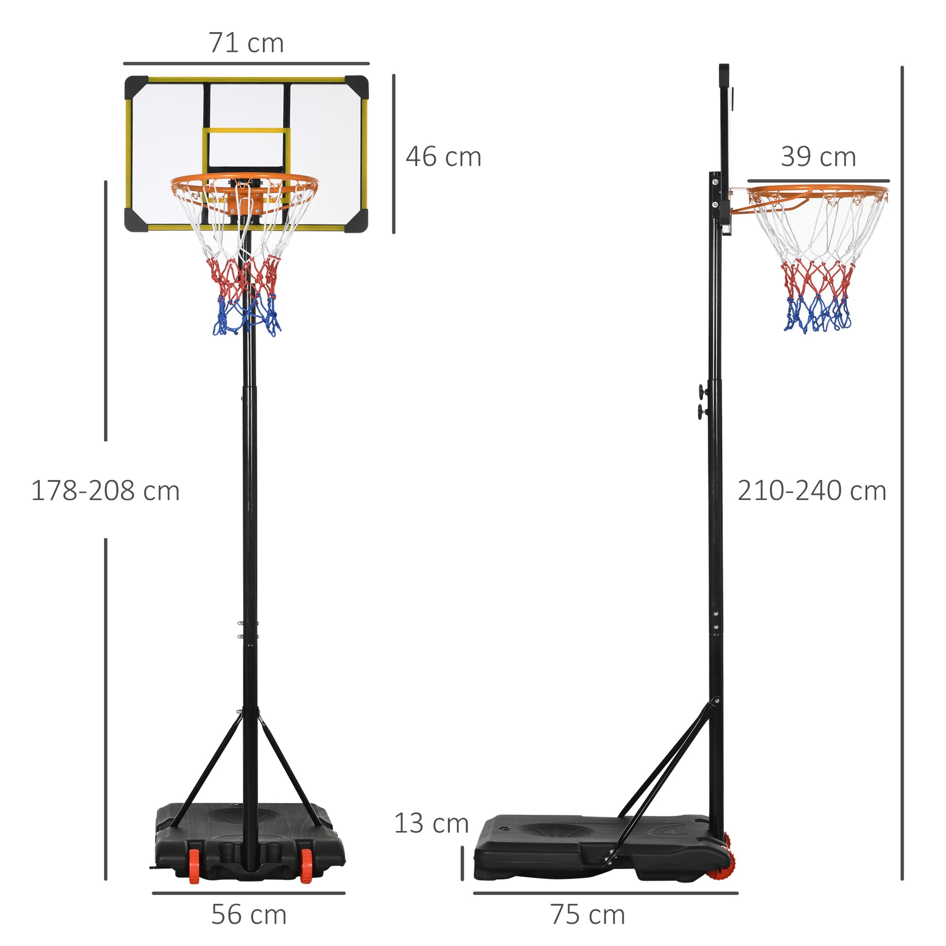 SPORTNOW Adjustable Height Basketball Hoop 178-208 cm with Wheels Basketball Hoop for Kids +6 Years with Fillable Base for Outdoor 75x56x210-240 cm Yellow and Black