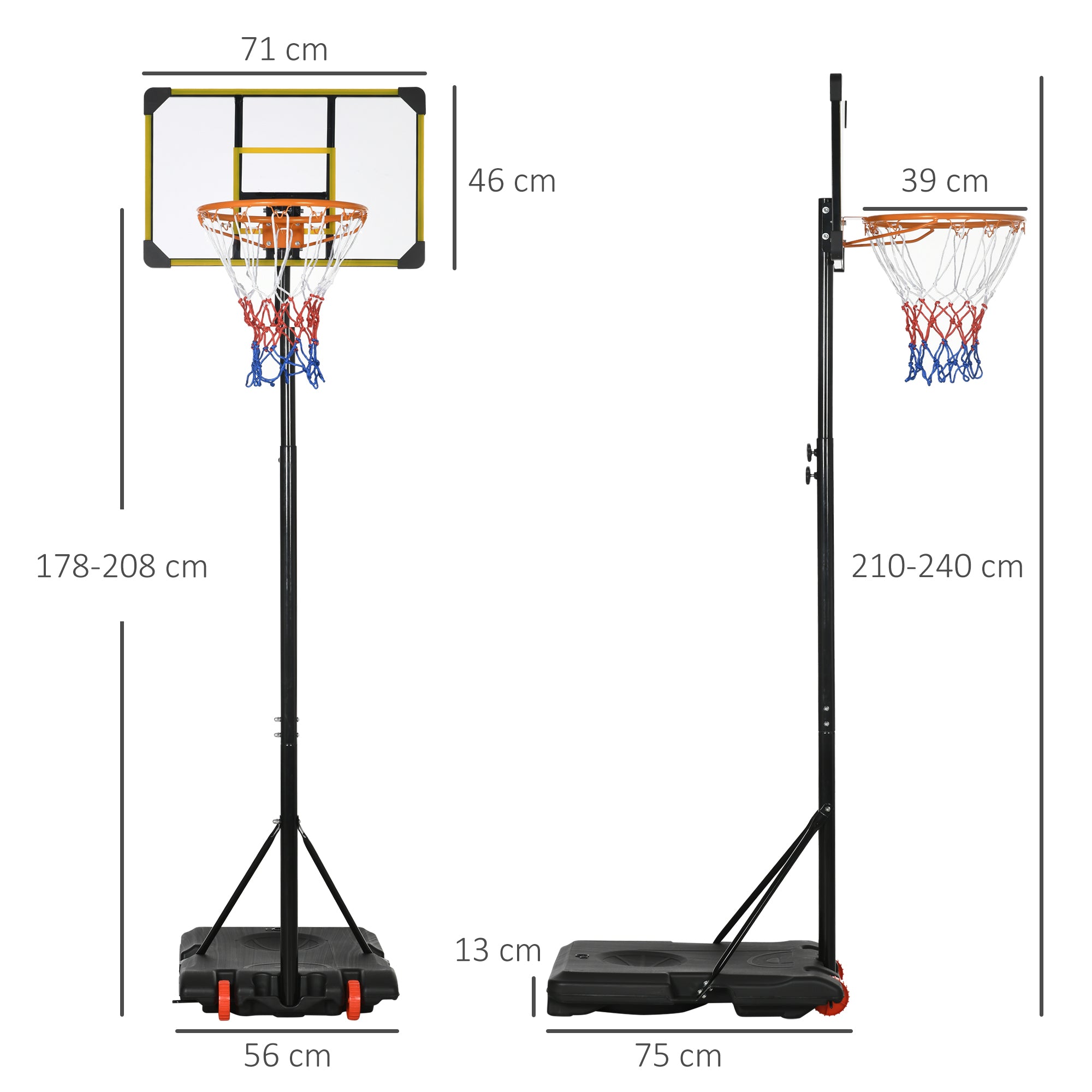 SPORTNOW Adjustable Height Basketball Hoop 178-208 cm with Wheels Basketball Hoop for Kids +6 Years with Fillable Base for Outdoor 75x56x210-240 cm Yellow and Black