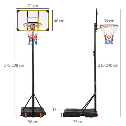 SPORTNOW Adjustable Height Basketball Hoop 178-208 cm with Wheels Basketball Hoop for Kids +6 Years with Fillable Base for Outdoor 75x56x210-240 cm Yellow and Black