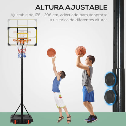 SPORTNOW Adjustable Height Basketball Hoop 178-208 cm with Wheels Basketball Hoop for Kids +6 Years with Fillable Base for Outdoor 75x56x210-240 cm Yellow and Black