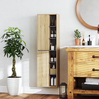 Bathroom Wall Cabinet with Open Compartments and 2 Doors Modern Bathroom Furniture 40x24x141.5 cm Natural