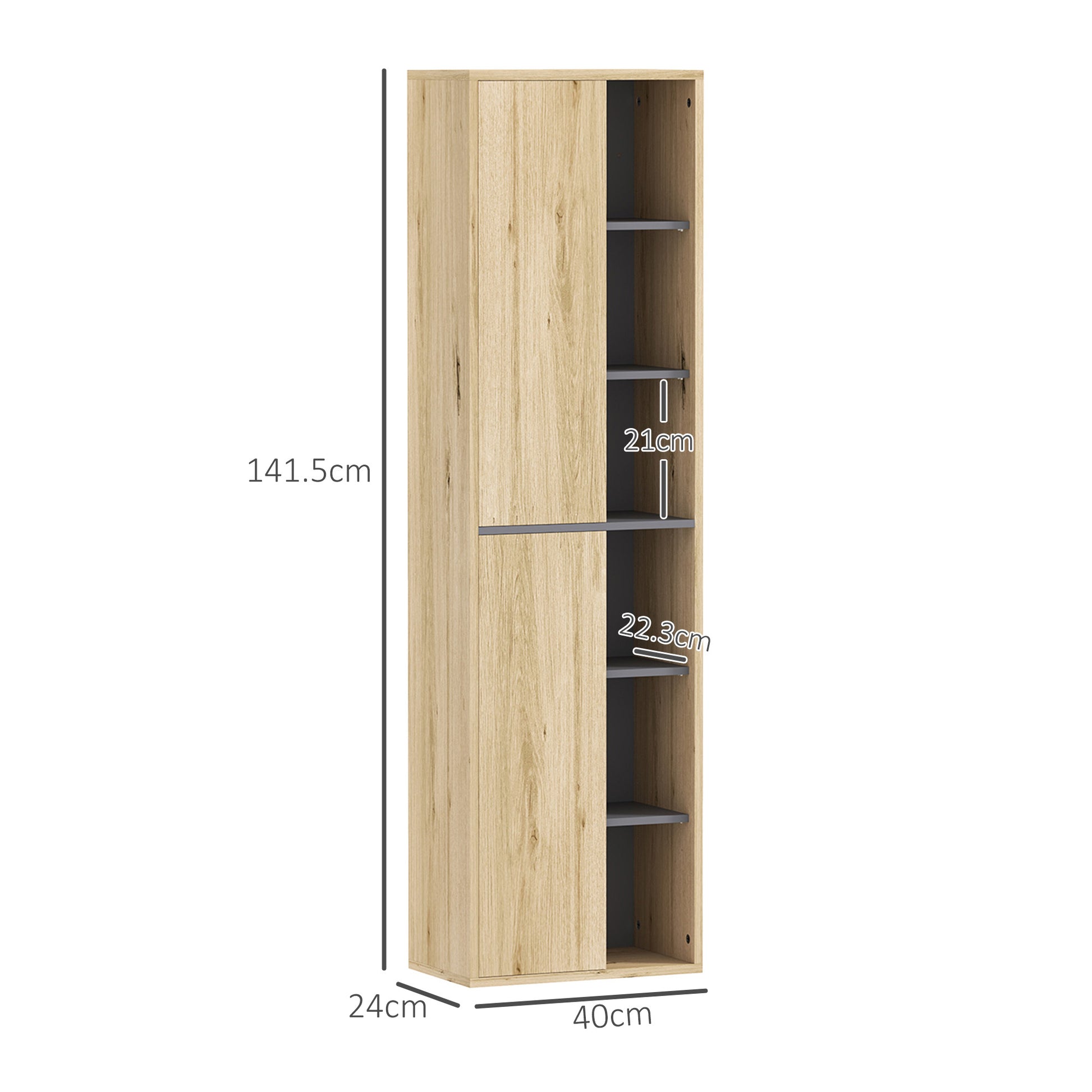 Bathroom Wall Cabinet with Open Compartments and 2 Doors Modern Bathroom Furniture 40x24x141.5 cm Natural