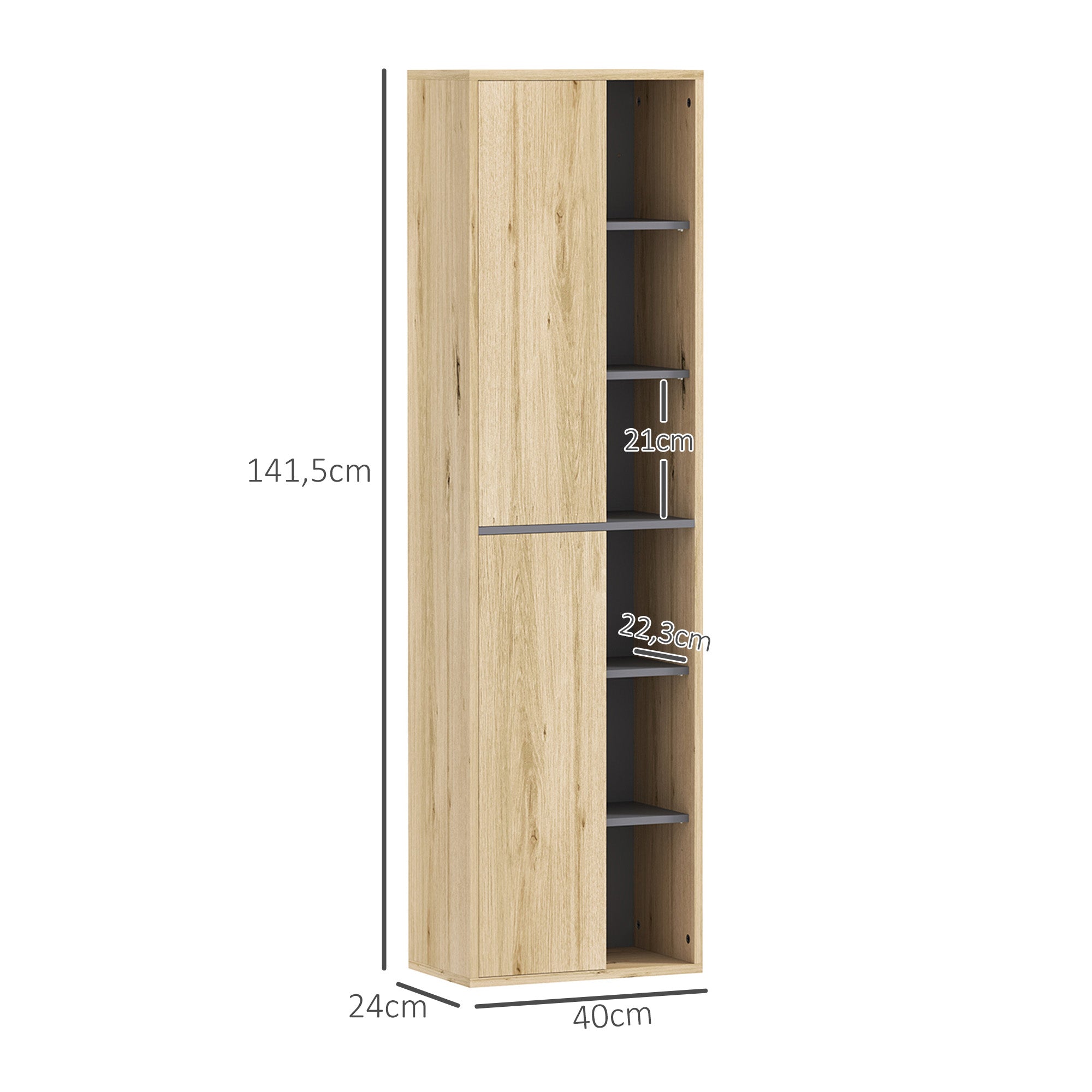 Bathroom Wall Cabinet with Open Compartments and 2 Doors Modern Bathroom Furniture 40x24x141.5 cm Natural