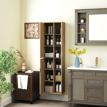 Bathroom Wall Cabinet with Open Compartments and 2 Doors Modern Bathroom Furniture 40x24x141.5 cm Natural