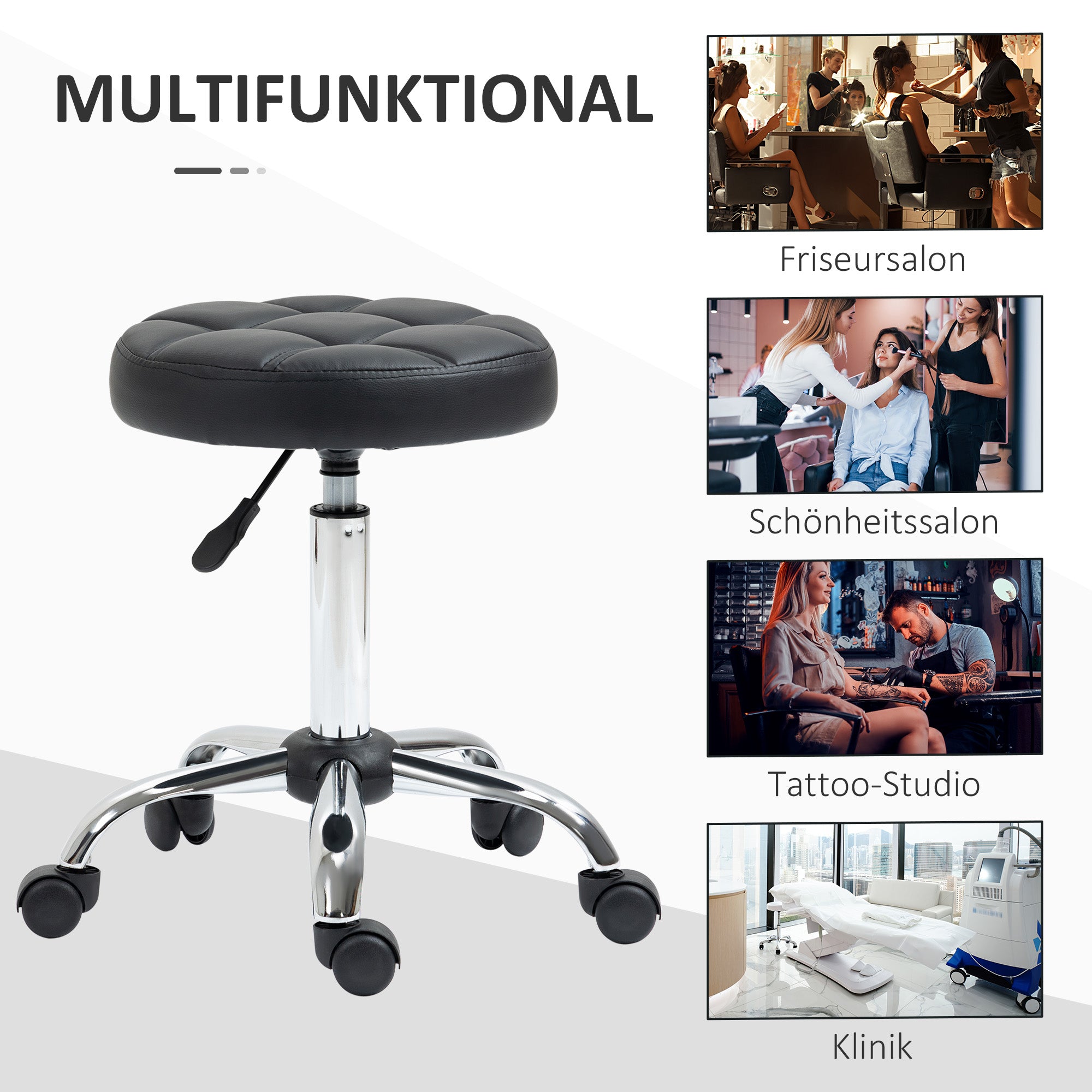 Rolling Stool Height Adjustable Work Stool, Swivel Salon Stool for Office Massage Faux Leather Black Ø35.5 x 51-67 cm
