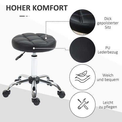 Rolling Stool Height Adjustable Work Stool, Swivel Salon Stool for Office Massage Faux Leather Black Ø35.5 x 51-67 cm