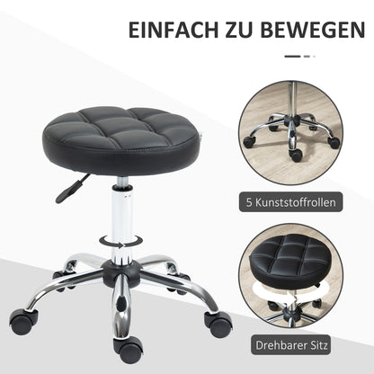 Rolling Stool Height Adjustable Work Stool, Swivel Salon Stool for Office Massage Faux Leather Black Ø35.5 x 51-67 cm