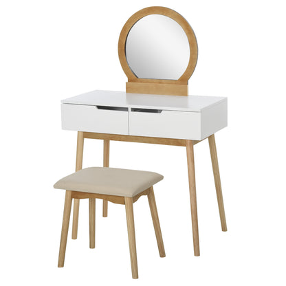 Scandinavian Design Dressing Table Makeup Table with Mirror, 2 Drawers and Stool White Pine