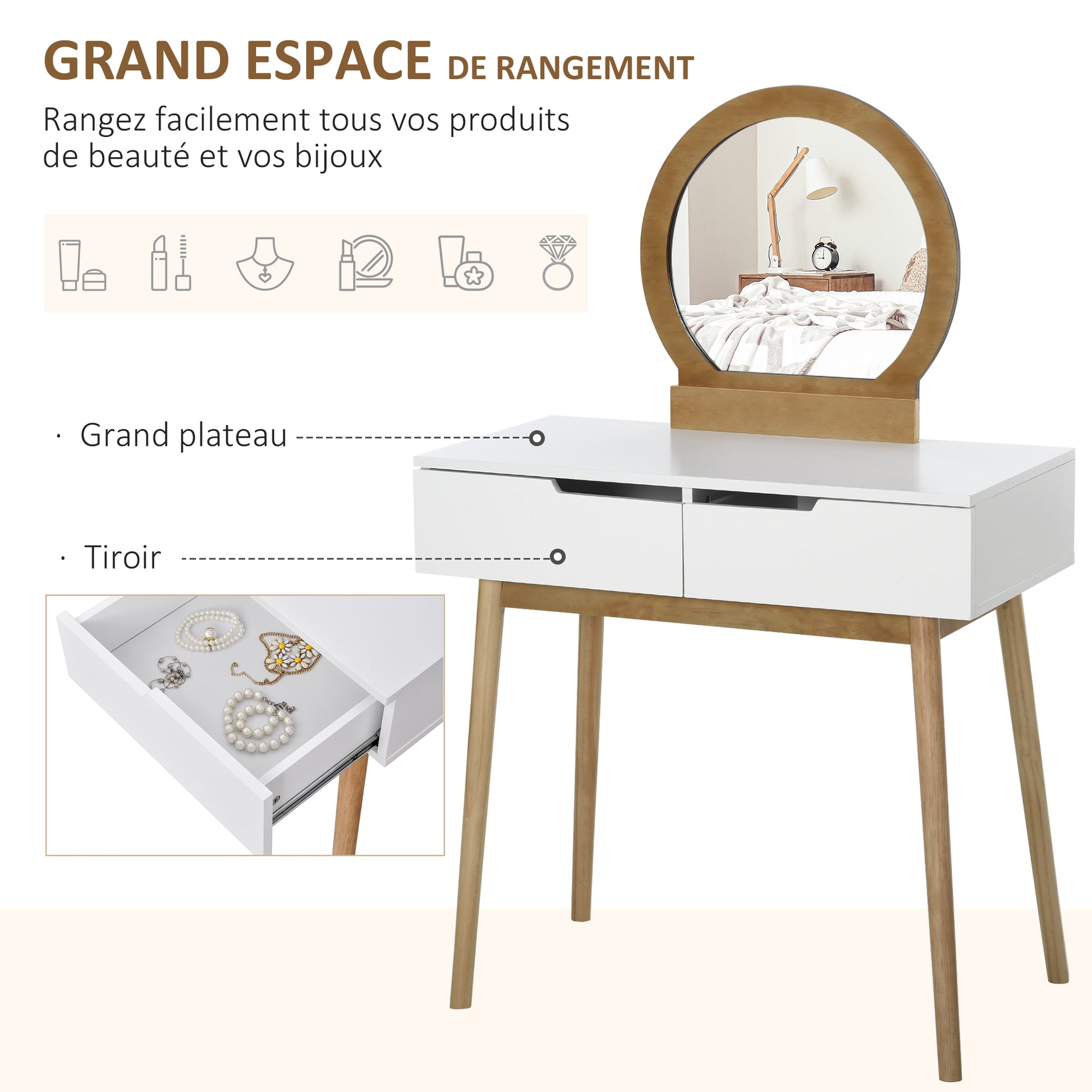 Scandinavian Design Dressing Table Makeup Table with Mirror, 2 Drawers and Stool White Pine