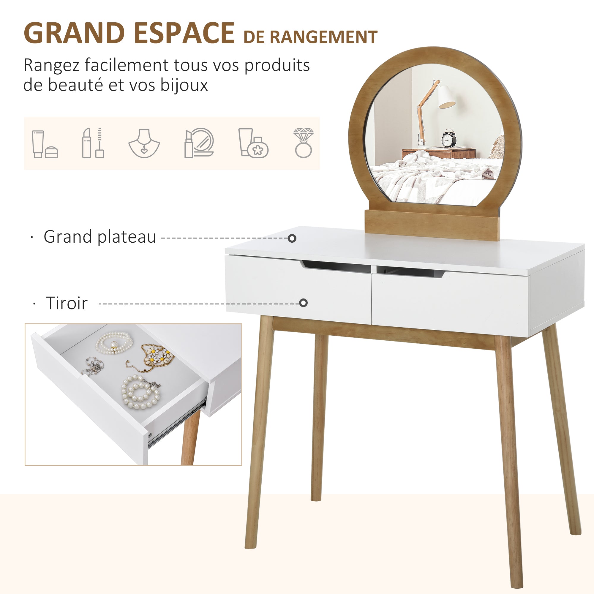Scandinavian Design Dressing Table Makeup Table with Mirror, 2 Drawers and Stool White Pine