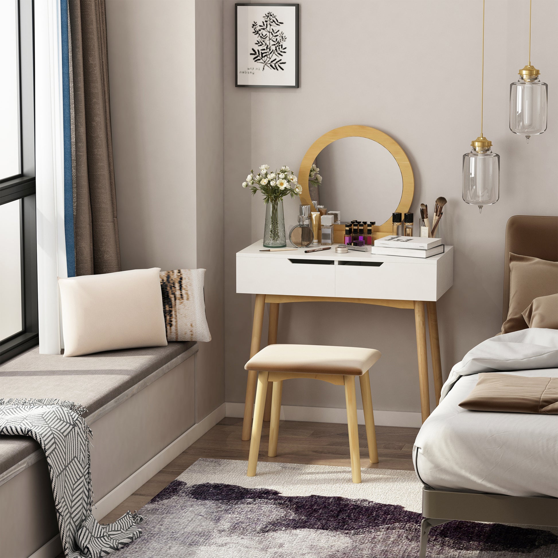 Scandinavian Design Dressing Table Makeup Table with Mirror, 2 Drawers and Stool White Pine