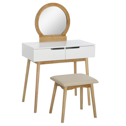 Scandinavian Design Dressing Table Makeup Table with Mirror, 2 Drawers and Stool White Pine