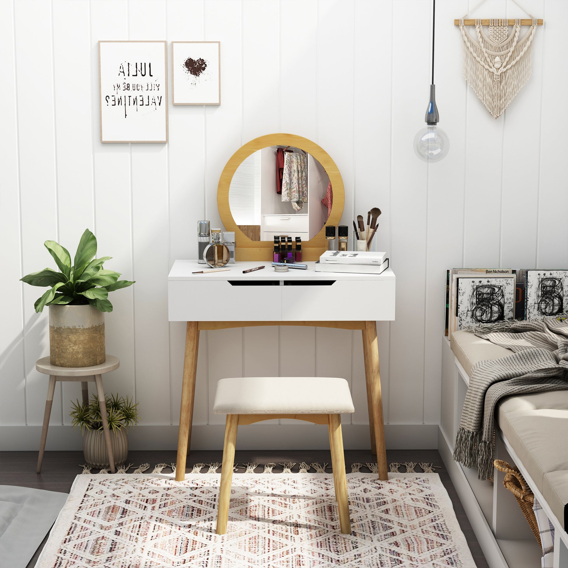 Scandinavian Design Dressing Table Makeup Table with Mirror, 2 Drawers and Stool White Pine