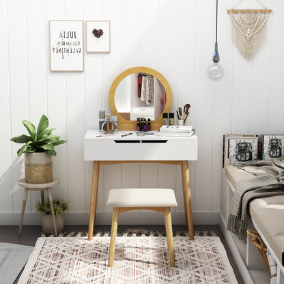 Scandinavian Design Dressing Table Makeup Table with Mirror, 2 Drawers and Stool White Pine