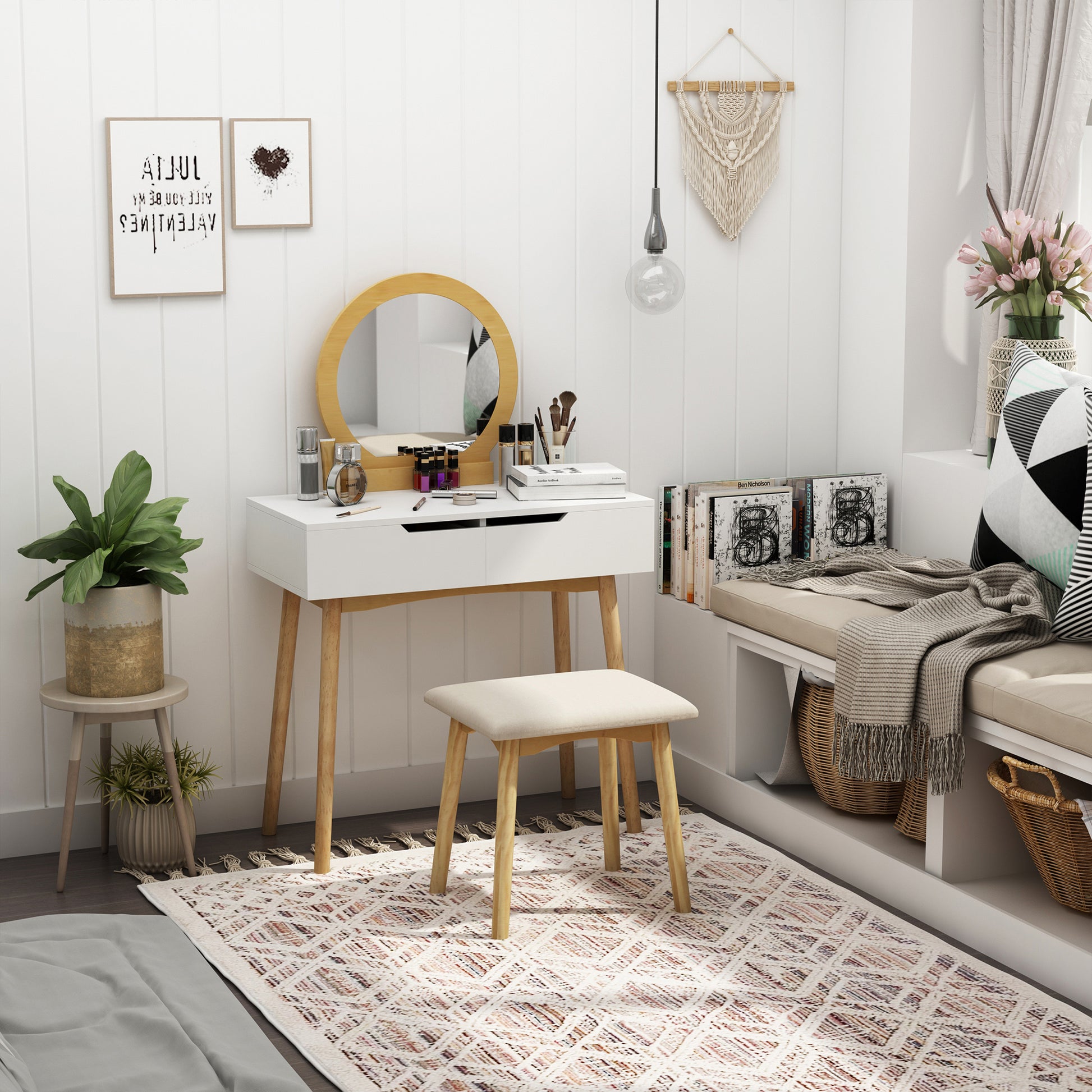 Scandinavian Design Dressing Table Makeup Table with Mirror, 2 Drawers and Stool White Pine