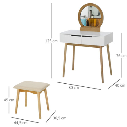 Scandinavian Design Dressing Table Makeup Table with Mirror, 2 Drawers and Stool White Pine