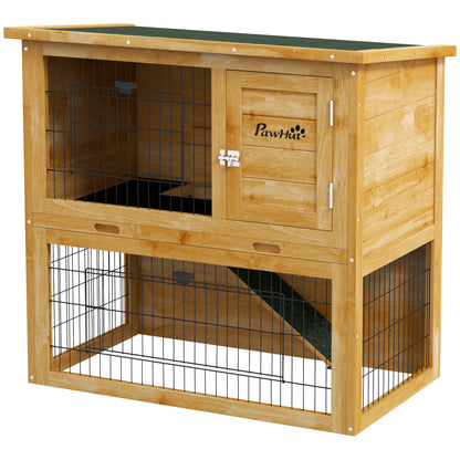 Rabbit Hutch Rabbit Cage 2 Levels with 3 Lockable Doors Sliding Tray Ramp and Bituminous Roof Solid Wood, 85 x 50 x 80 cm, Yellow