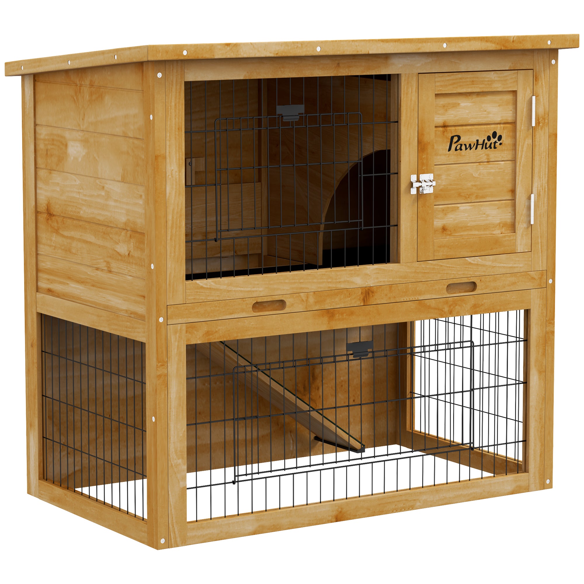 Rabbit Hutch Rabbit Cage 2 Levels with 3 Lockable Doors Sliding Tray Ramp and Bituminous Roof Solid Wood, 85 x 50 x 80 cm, Yellow