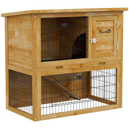 Rabbit Hutch Rabbit Cage 2 Levels with 3 Lockable Doors Sliding Tray Ramp and Bituminous Roof Solid Wood, 85 x 50 x 80 cm, Yellow