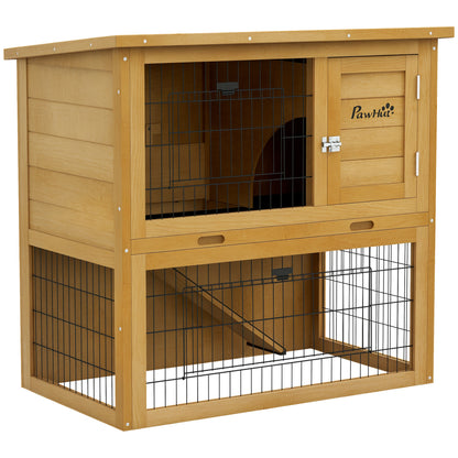 Rabbit Hutch Rabbit Cage 2 Levels with 3 Lockable Doors Sliding Tray Ramp and Bituminous Roof Solid Wood, 85 x 50 x 80 cm, Yellow