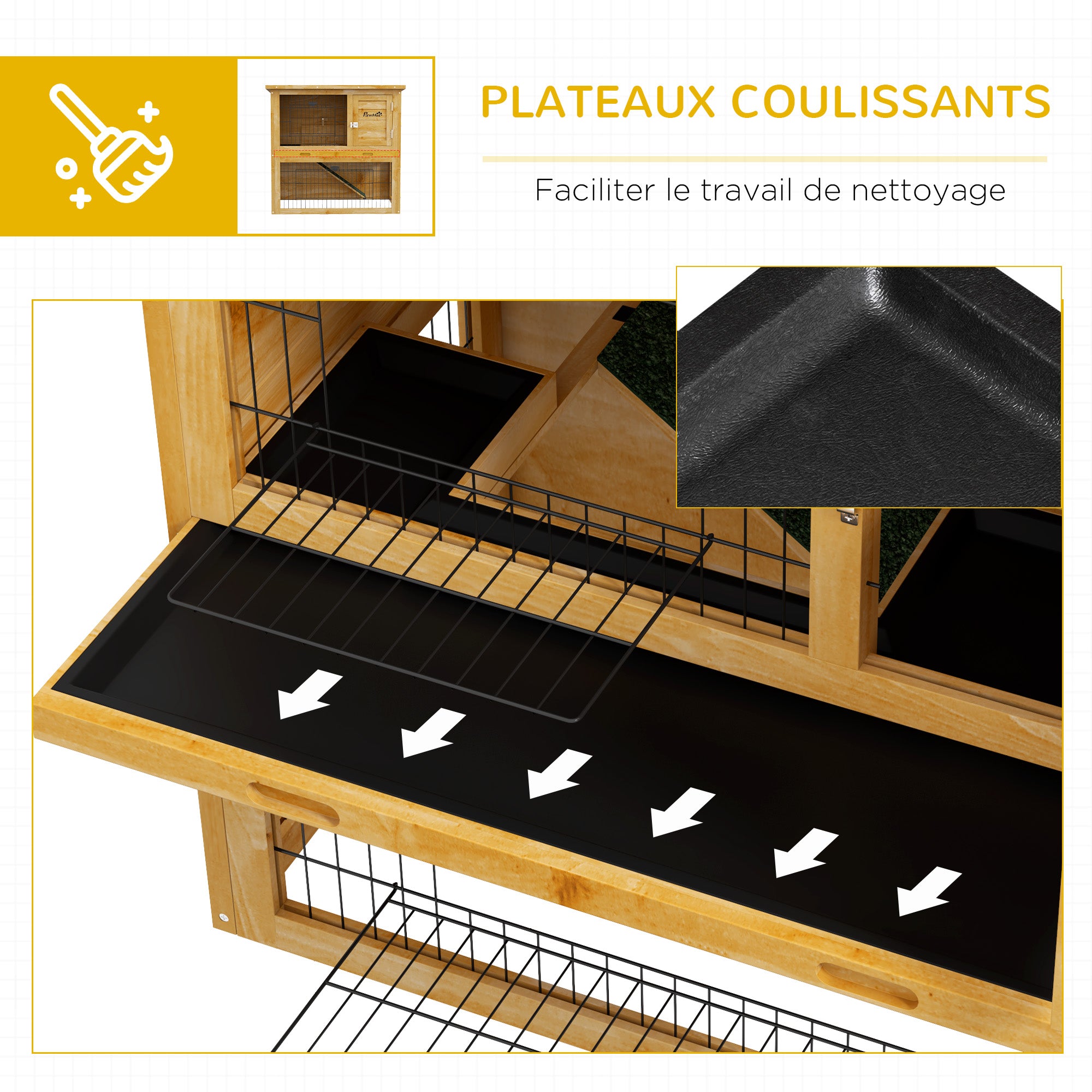 Rabbit Hutch Rabbit Cage 2 Levels with 3 Lockable Doors Sliding Tray Ramp and Bituminous Roof Solid Wood, 85 x 50 x 80 cm, Yellow