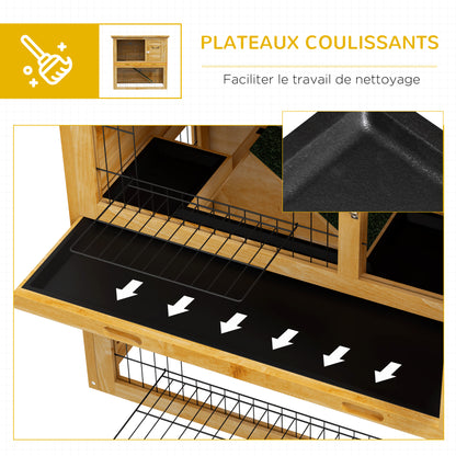 Rabbit Hutch Rabbit Cage 2 Levels with 3 Lockable Doors Sliding Tray Ramp and Bituminous Roof Solid Wood, 85 x 50 x 80 cm, Yellow