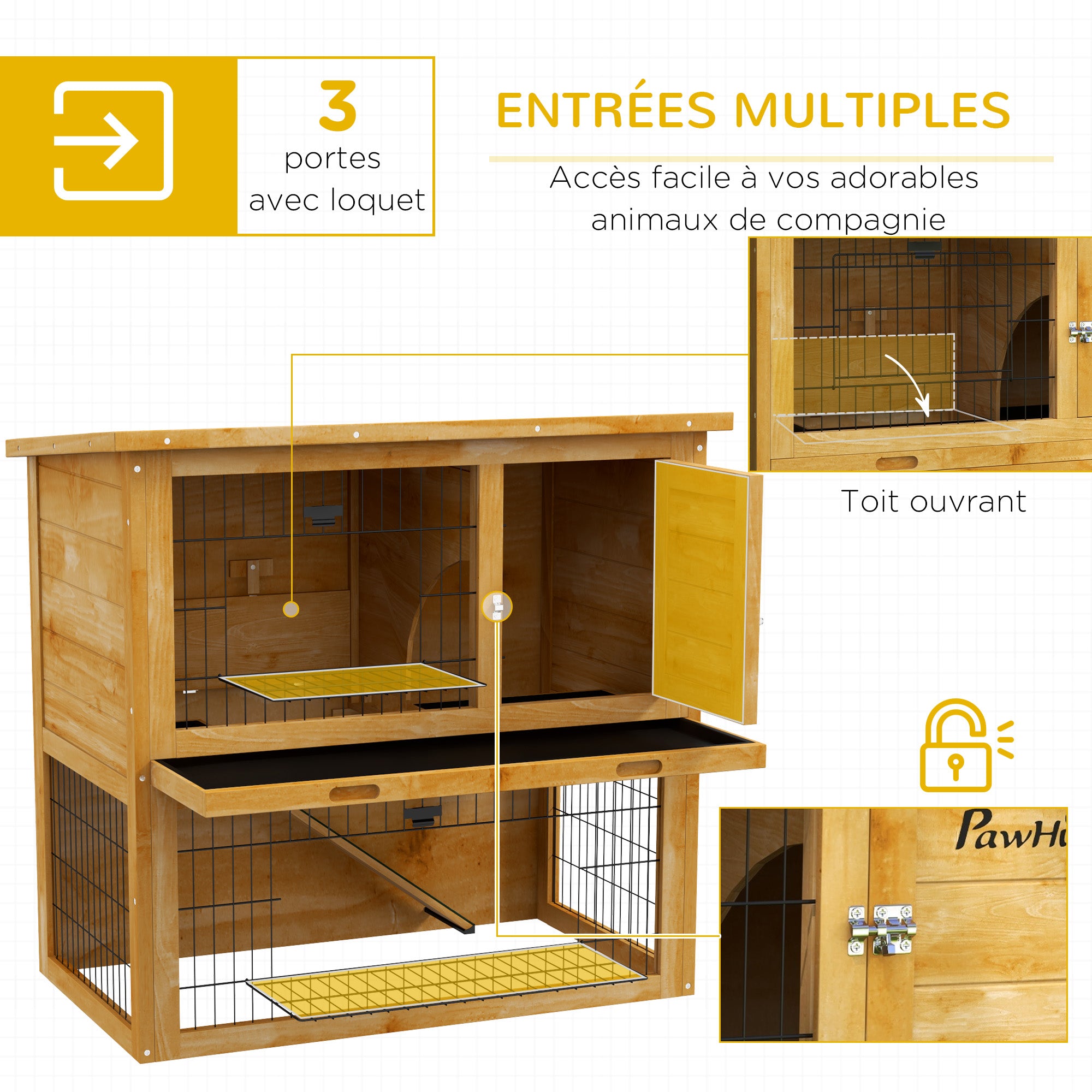 Rabbit Hutch Rabbit Cage 2 Levels with 3 Lockable Doors Sliding Tray Ramp and Bituminous Roof Solid Wood, 85 x 50 x 80 cm, Yellow