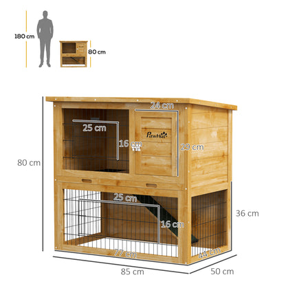 Rabbit Hutch Rabbit Cage 2 Levels with 3 Lockable Doors Sliding Tray Ramp and Bituminous Roof Solid Wood, 85 x 50 x 80 cm, Yellow