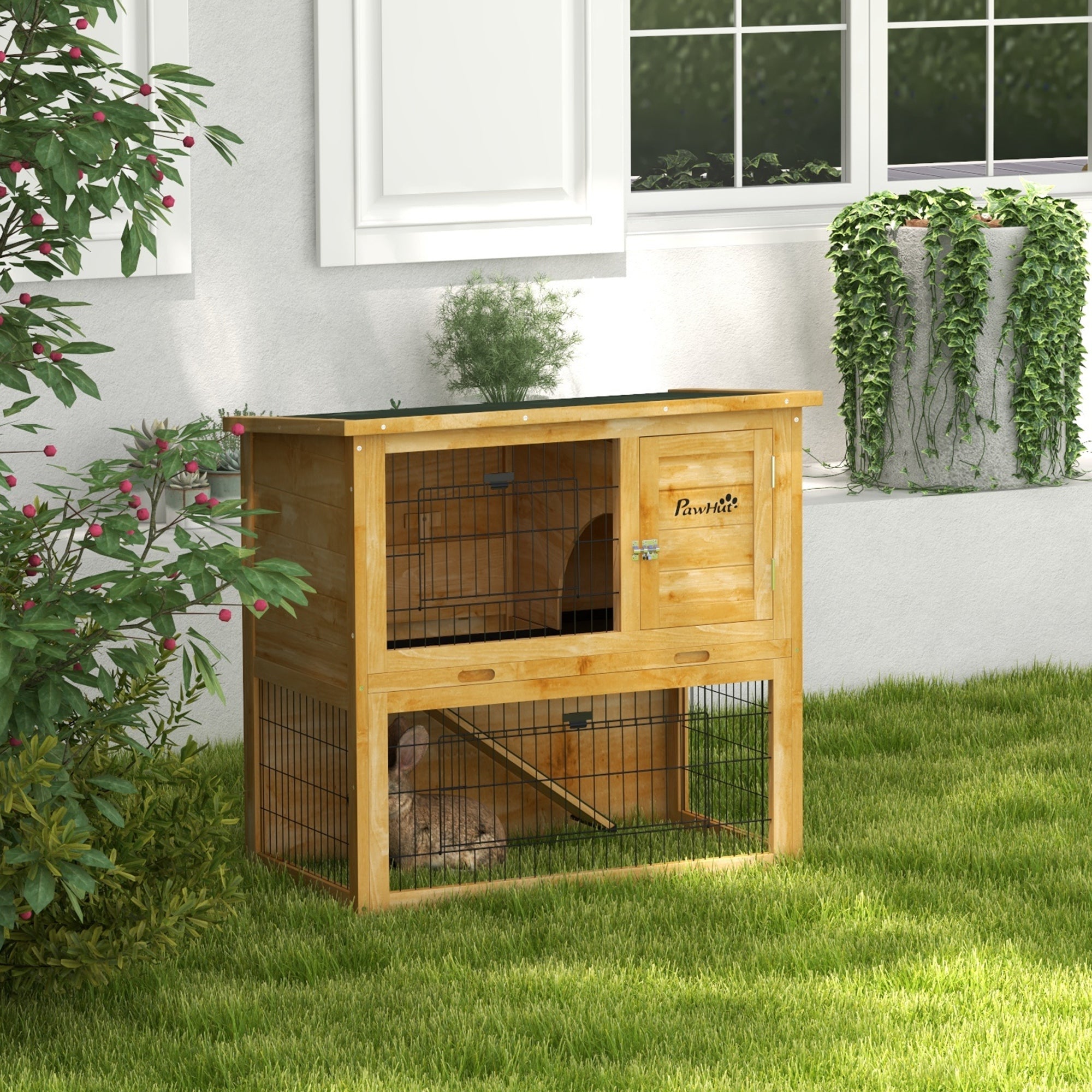 Rabbit Hutch Rabbit Cage 2 Levels with 3 Lockable Doors Sliding Tray Ramp and Bituminous Roof Solid Wood, 85 x 50 x 80 cm, Yellow