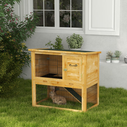 Rabbit Hutch Rabbit Cage 2 Levels with 3 Lockable Doors Sliding Tray Ramp and Bituminous Roof Solid Wood, 85 x 50 x 80 cm, Yellow