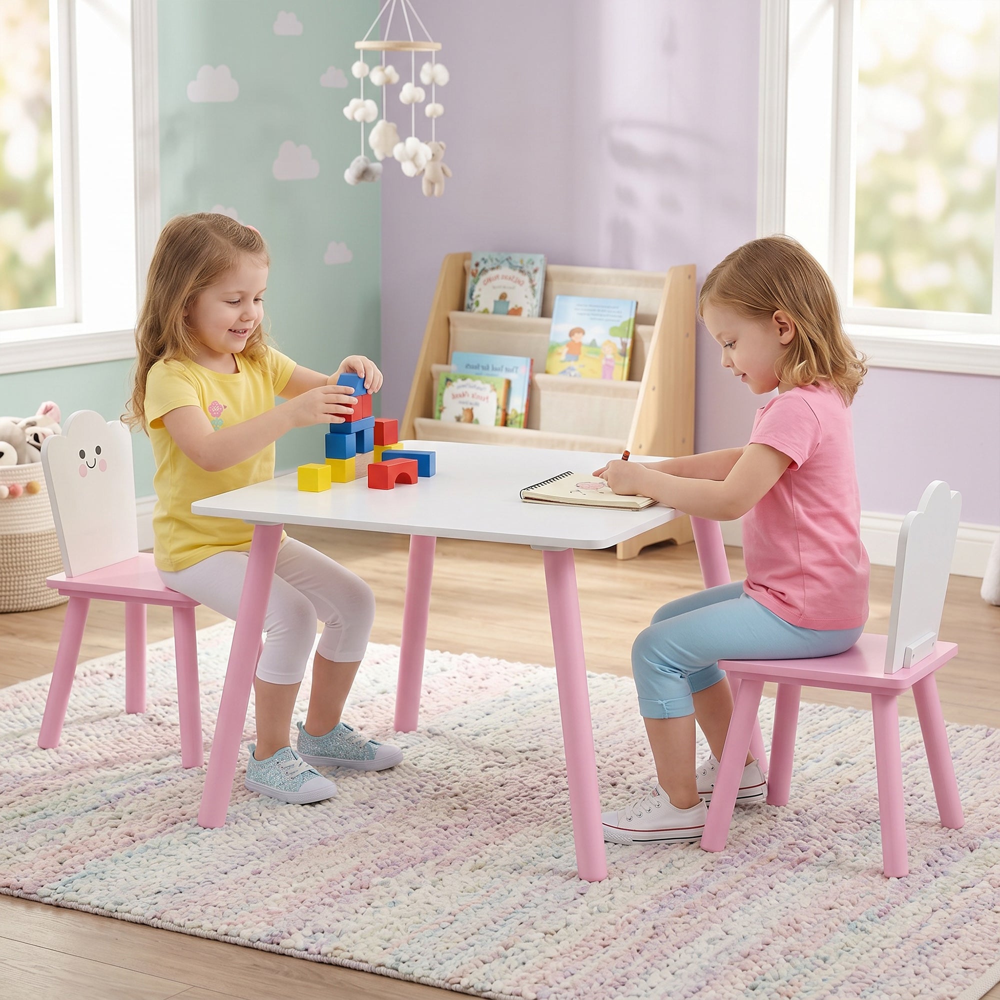 Kids Table with 2 Chairs — Wooden Activity Set for Drawing, Play & Study, Gift for Boys & Girls Ages 3–6, Pink