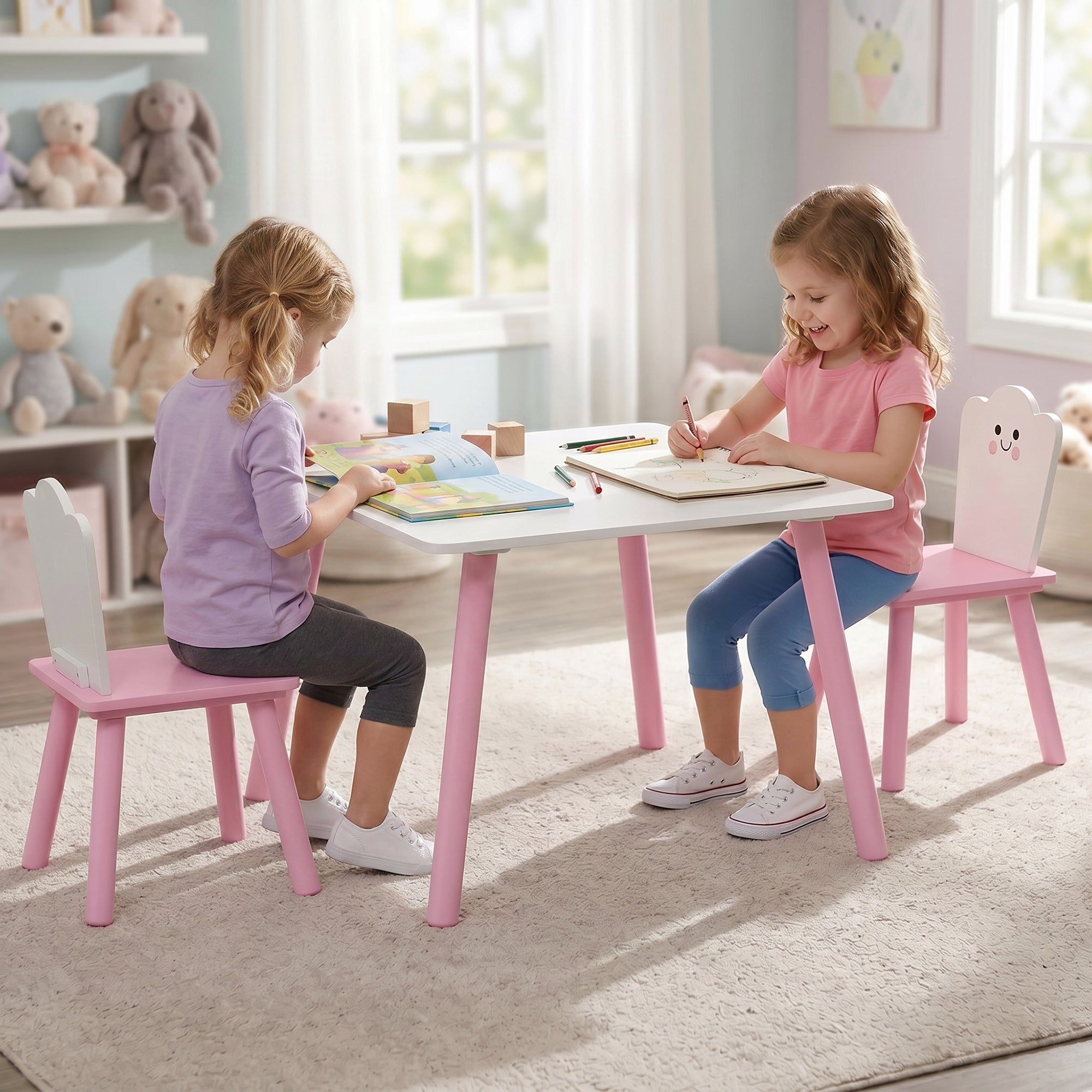 Kids Table with 2 Chairs — Wooden Activity Set for Drawing, Play & Study, Gift for Boys & Girls Ages 3–6, Pink