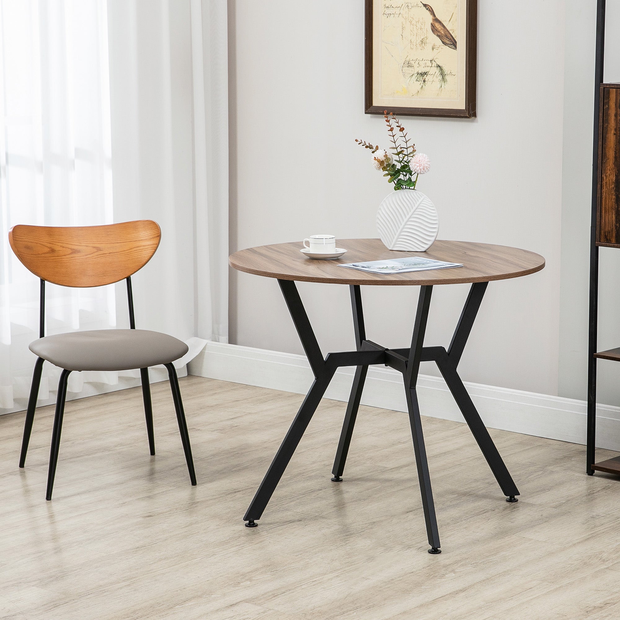 Round Dining Table Industrial Kitchen Table with Wood Top and Steel Frame for Living Room Load 60 kg Ø90x76 cm Brown