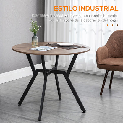 Round Dining Table Industrial Kitchen Table with Wood Top and Steel Frame for Living Room Load 60 kg Ø90x76 cm Brown