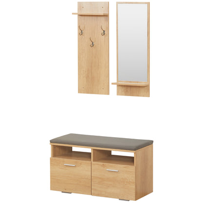 Entryway Set Hall Tree 3-in-1, 1 Mirror with Shelf, 1 Coat Rack with Shelf, 1 Shoe Bench with PU Cushion