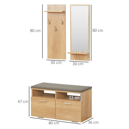 Entryway Set Hall Tree 3-in-1, 1 Mirror with Shelf, 1 Coat Rack with Shelf, 1 Shoe Bench with PU Cushion