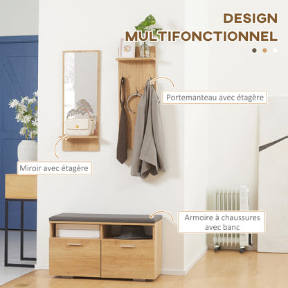 Entryway Set Hall Tree 3-in-1, 1 Mirror with Shelf, 1 Coat Rack with Shelf, 1 Shoe Bench with PU Cushion