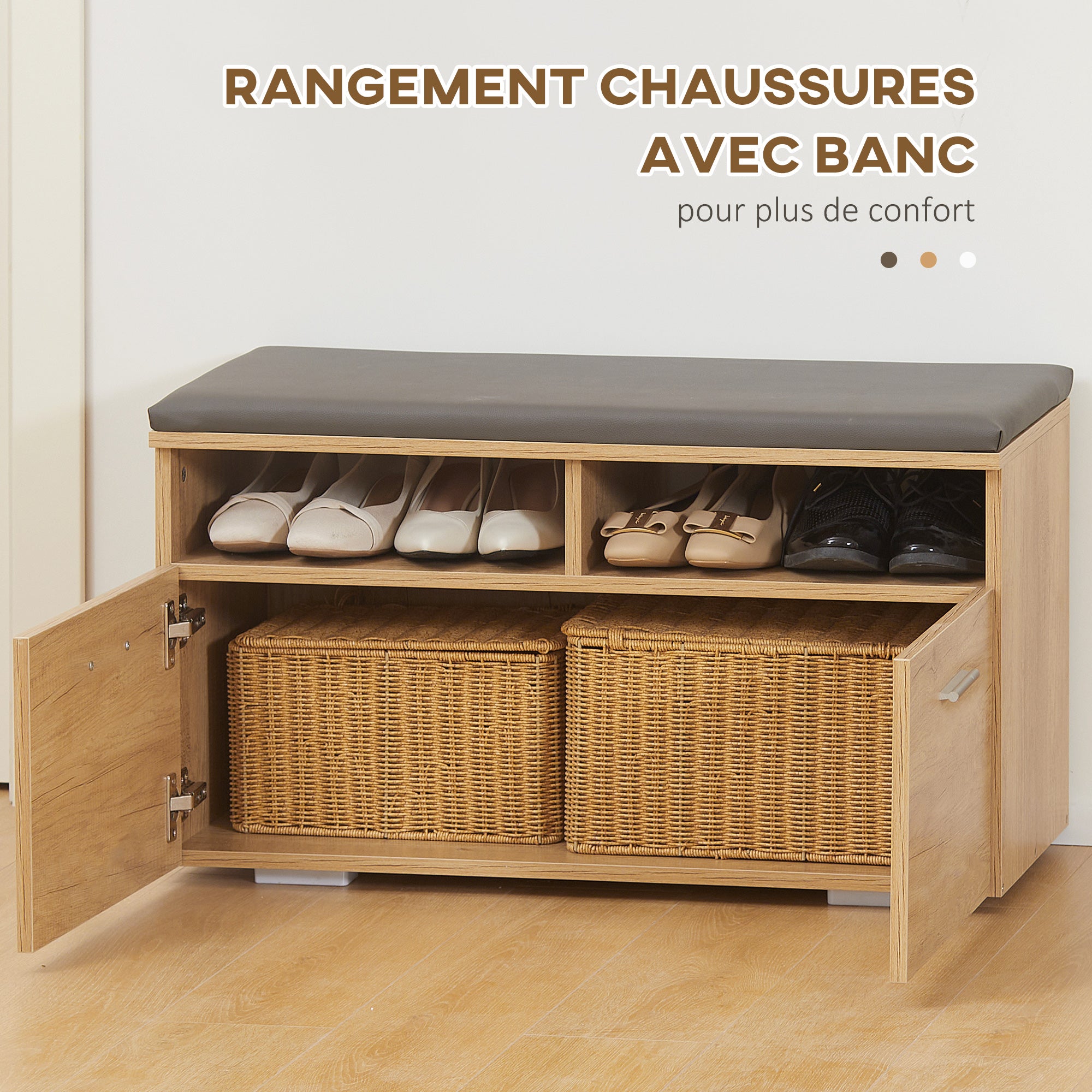 Entryway Set Hall Tree 3-in-1, 1 Mirror with Shelf, 1 Coat Rack with Shelf, 1 Shoe Bench with PU Cushion