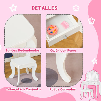 Children's Wooden Dressing Table with Stool and 3-Sided Acrylic Mirror Makeup Table for Girls with Drawer for Kids' Room 63x40x85.5 cm Pink