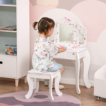Children's Wooden Dressing Table with Stool and 3-Sided Acrylic Mirror Makeup Table for Girls with Drawer for Kids' Room 63x40x85.5 cm Pink