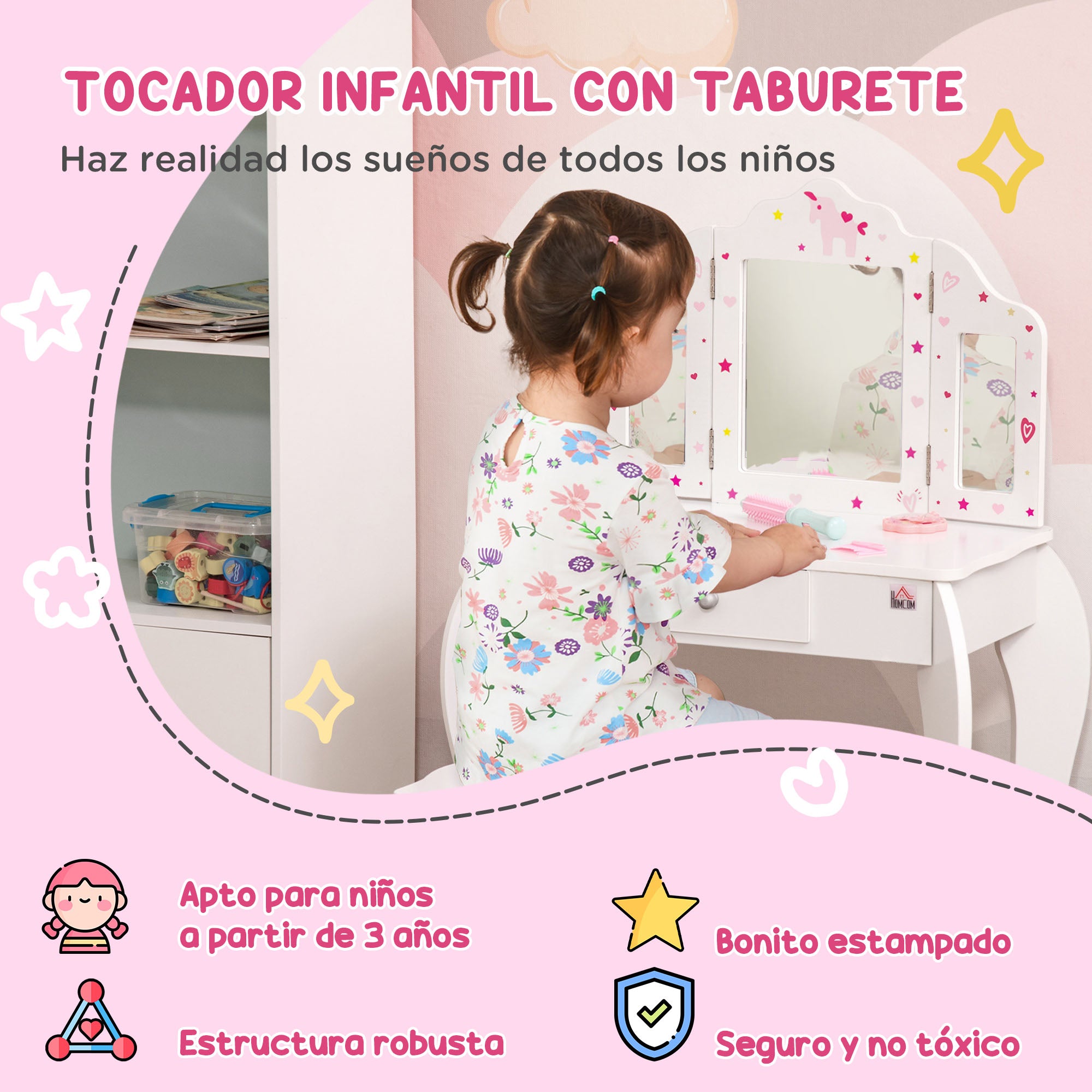 Children's Wooden Dressing Table with Stool and 3-Sided Acrylic Mirror Makeup Table for Girls with Drawer for Kids' Room 63x40x85.5 cm Pink