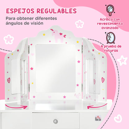 Children's Wooden Dressing Table with Stool and 3-Sided Acrylic Mirror Makeup Table for Girls with Drawer for Kids' Room 63x40x85.5 cm Pink