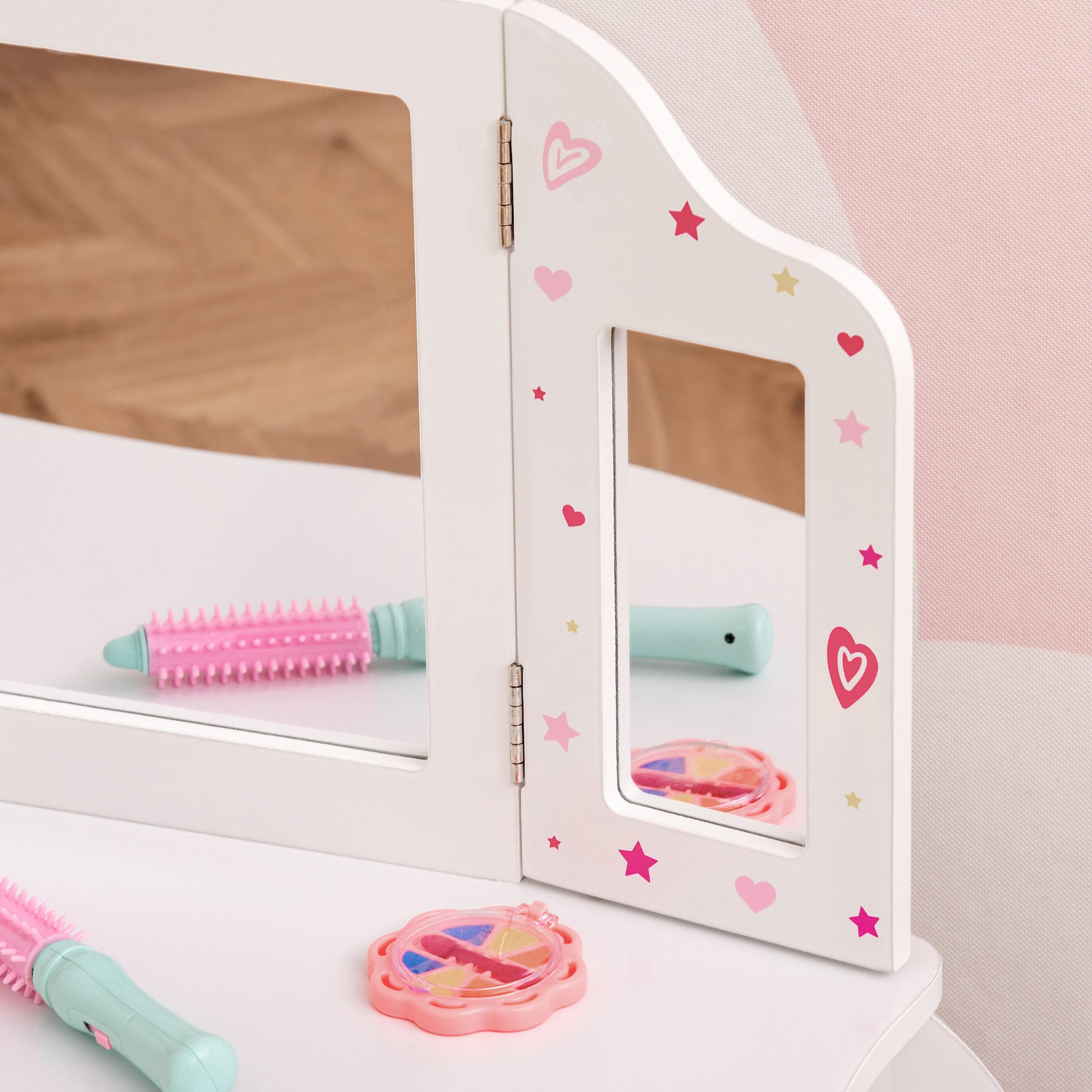 Children's Wooden Dressing Table with Stool and 3-Sided Acrylic Mirror Makeup Table for Girls with Drawer for Kids' Room 63x40x85.5 cm Pink