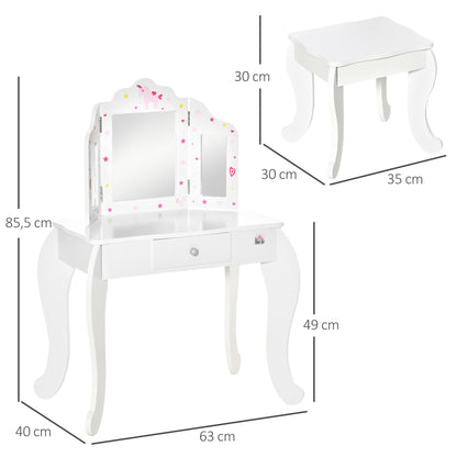Children's Wooden Dressing Table with Stool and 3-Sided Acrylic Mirror Makeup Table for Girls with Drawer for Kids' Room 63x40x85.5 cm Pink
