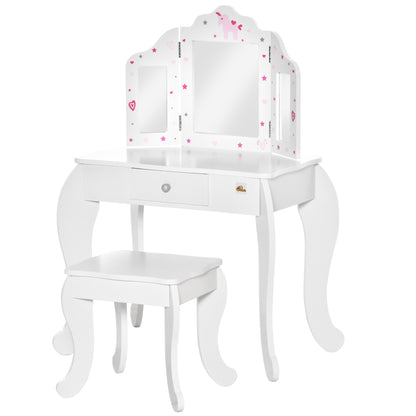 Children's Wooden Dressing Table with Stool and 3-Sided Acrylic Mirror Makeup Table for Girls with Drawer for Kids' Room 63x40x85.5 cm Pink
