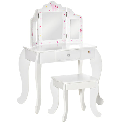 Children's Wooden Dressing Table with Stool and 3-Sided Acrylic Mirror Makeup Table for Girls with Drawer for Kids' Room 63x40x85.5 cm Pink