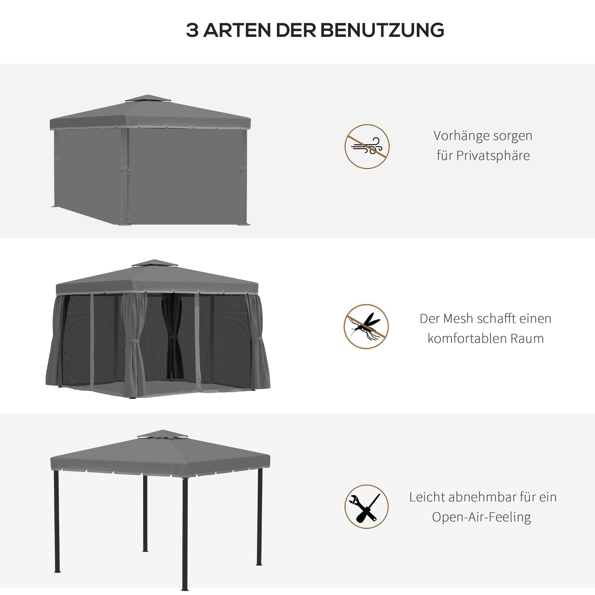 Garden Gazebo Pavilion 2.96 x 2.96 m Garden Tent with Double Roof Marquee Party Tent with 4 x Side Panels Mosquito Net Weatherproof Aluminum Polyester Dark Gray