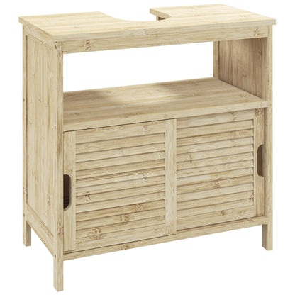 Bamboo Under Sink Cabinet, Bathroom Storage Cabinet with 2 Sliding Doors, 60 x 30 x 60 cm, Natural Wood